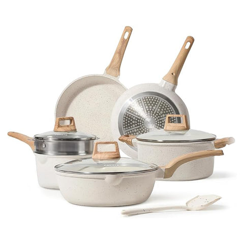 Batería de Cocina Brandtrendy de Granito Blanco Antiadherente 10 piezas | Set de Ollas, Sartenes y Tapas para Cocinar | Libre de PFOA | Apto para cocina de inducción | Fácil de limpiar