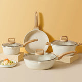 Batería de Cocina Brandtrendy de Granito Blanco Antiadherente 10 piezas | Set de Ollas, Sartenes y Tapas para Cocinar | Libre de PFOA | Apto para cocina de inducción | Fácil de limpiar