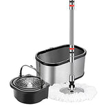 Kit para Limpieza Bradntrendy con Cubeta Color Plata, Mango Extensible y 3 Repuestos de Microfibra | Cabezal 360°, Sistema Manos Libres, Tapón de Drenado y Limpieza Profunda