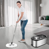 Kit para Limpieza Bradntrendy con Cubeta Color Plata, Mango Extensible y 3 Repuestos de Microfibra | Cabezal 360°, Sistema Manos Libres, Tapón de Drenado y Limpieza Profunda