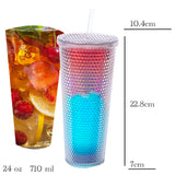 Vaso Texturizado con Popote 710ml | 1 pieza | Diseño Aesthetic de Tachuelas con Variedad de Colores | Con Tapa de Rosca | Reutilizable y Doble Pared | Agarre firme | Apto para Escuela, Gym, Picnic, Trabajo