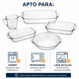 Juego de 4 Piezas de Vidrio para Hornear Premium con Tazon y Bandejas, Moldes Rectangulares y Redondo, Resistente al Calor, Apto para Horno, Microondas, Congelador y Lavavajillas