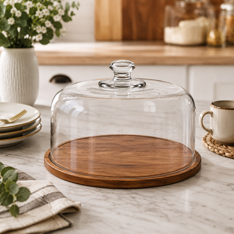 Brandtrendy Bandeja para Servir de Madera de Acacia con Campana de Vidrio 2 Piezas