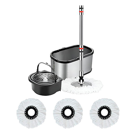 Kit para Limpieza Bradntrendy con Cubeta Color Plata, Mango Extensible y 3 Repuestos de Microfibra | Cabezal 360°, Sistema Manos Libres, Tapón de Drenado y Limpieza Profunda