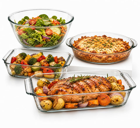 Juego de 4 Piezas de Vidrio para Hornear Premium con Tazon y Bandejas, Moldes Rectangulares y Redondo, Resistente al Calor, Apto para Horno, Microondas, Congelador y Lavavajillas