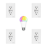 Kit Fratech con 4 enchufes de pared con puertos USB A y C de carga rápida y 1 foco LED inteligente RGB WiFi controlable por app y voz, compatible con Android/iOS, con 16M de colores, ahorro energético y vida útil de 30,000 horas.