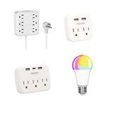 Kit Fratech y Brandtrendy con 3 multicontactos eléctricos (USB, CA, tipo C, protección 1200J) + foco inteligente WiFi RGB con control por app y voz