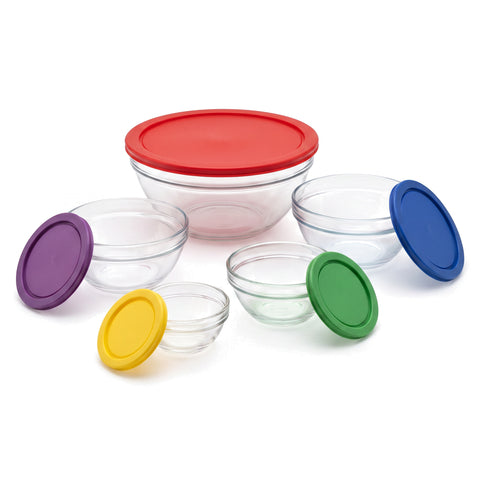 Juego de 5 Tazones de Vidrio con Tapas de Colores
