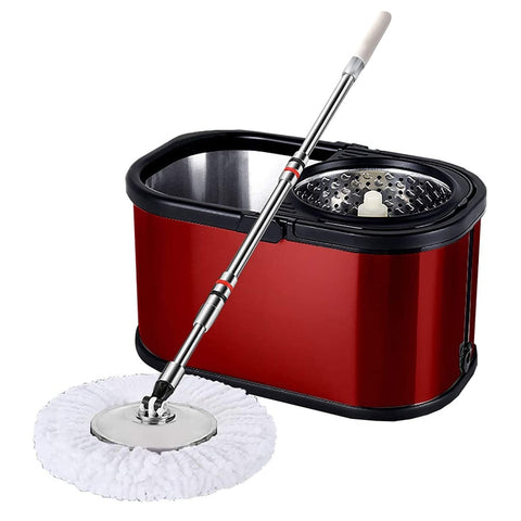 Trapeador con Cubeta Giratoria Brandtrendy | Color rojo | Exprimidor Manos libre | Mango Extensible de hasta 140 cm | Mop de Microfibra | Tapón de Drenaje | Limpieza Fácil y Rápida | Cabezal 360° | Para Todo Tipo de Pisos | Incluye Mop Adicional 