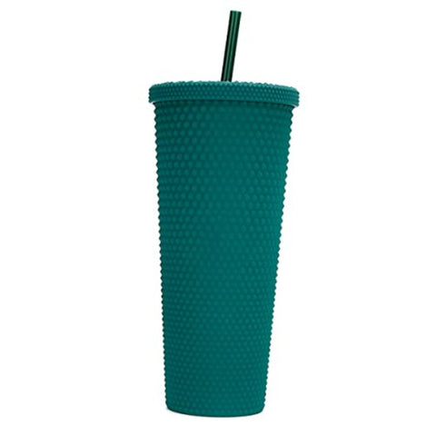 Vaso texturizado tachuelas 710?ml plástico libre de BPA, con tapa y popote, doble línea de rosca para un buen sellado disfruta de bebidas frías o calientes (Verde)