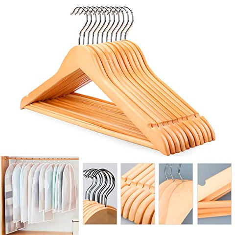 Set Brandtrendy 25 ganchos de madera y 7 cubre polvos para Colgar Ropa. Cabezal 360°, Muescas Antideslizantes y Barra para Pantalones