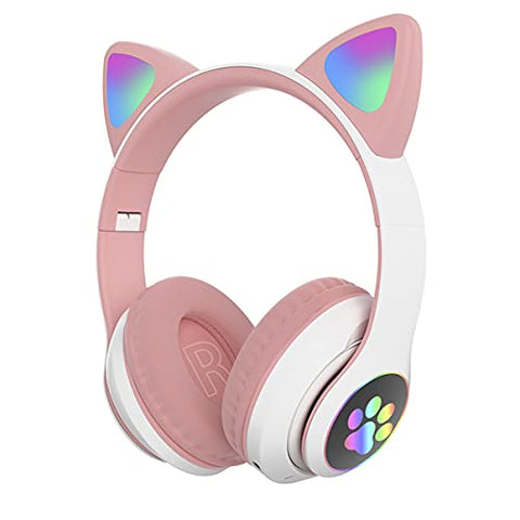 Brandtrendy Audífonos Auriculares Bluetooth inalámbricos con Forma de Orejas de Gato Plegables y portátiles con Control de Volumen y luz LED Conexión Estable y Sonido Claro para niños y niñas (Rosa)