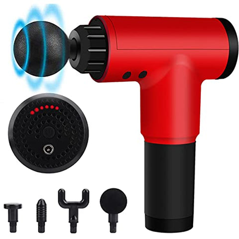 Hand-Held Masajeador muscular eléctrica de percusión led masajeador para espalda cuello hombro alivio del dolor de tejido profundo, máquina de masaje de percusión automática de 6 velocidades, súper silencioso. (Rojo)