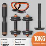 Kit Brandtrendy de Mancuernas 6 en 1 Ajustables 10 kg, Convertible en Pesas Rusas y Barra, con Discos de Diferentes Pesos, Agarraderas Push-Up y Base Compacta para Entrenamiento en Casa y Gimnasio. 