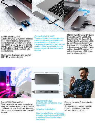 HUB 10 en 1 USB C Adaptador Universal con 100W Power Delivery, USB-C HDMI 4K, 5Gbps USB-C Puerto de datos, Interfaz de audio 3.5mm, lector de tarjetas SD / TF, Con VGA, entrada RJ45 Gigabit Ethernet